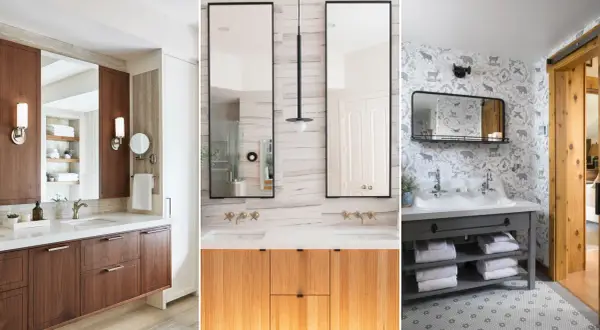 Modern double vanity bathroom ideas featuring wood, fluted cabinets, and a rustic animal-print wallpaper.