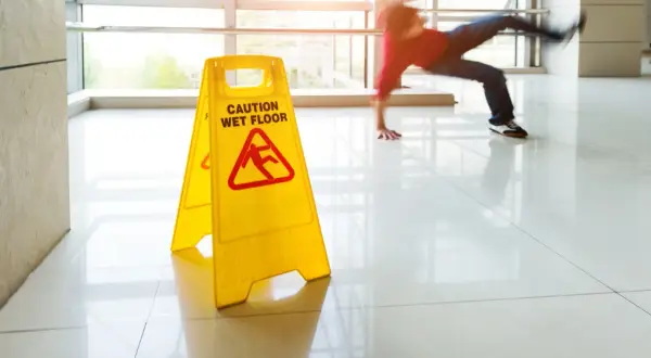 A person slips on a wet floor, narrowly avoiding a fall next to a yellow "Caution Wet Floor" sign. The shiny tiles suggest a low dcof tile rating.
