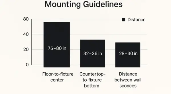 Bar chart showing mounting guidelines. The ideal vanity light height from the floor to the fixture center is 75-80 inches.