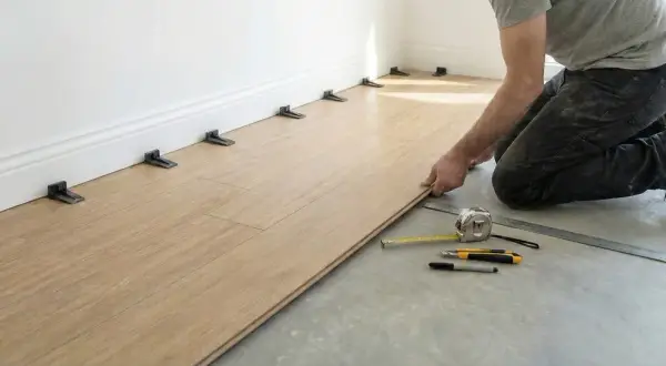 Installing vinyl plank flooring. Spacers are used to maintain an expansion gap around the perimeter, crucial for how to clean vinyl plank flooring properly later.