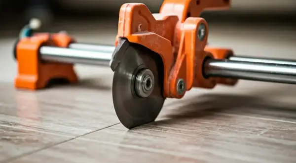 An orange tile cutter with a spinning blade is positioned on a tiled floor, ready to make a precise cut. This shows how to use a tile cutter for a clean finish.
