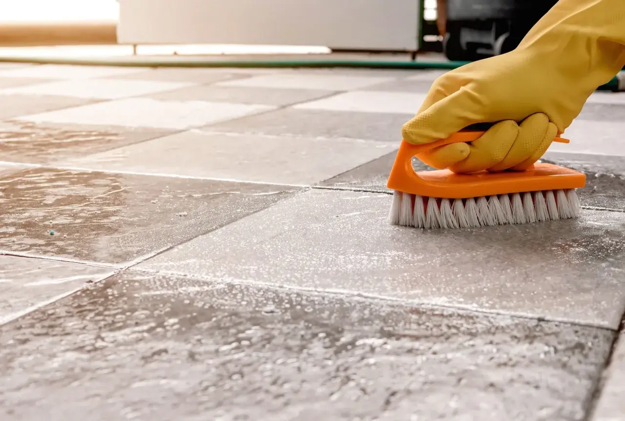 A gloved hand scrubs a tiled floor with a brush, showing the best way to clean porcelain tile.