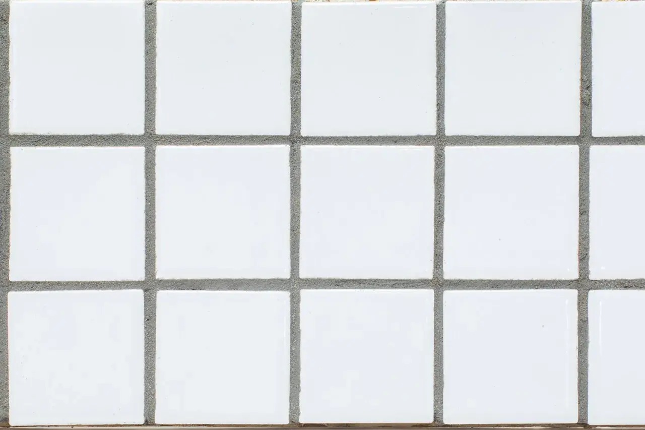 Close-up of white porcelain tiles with visible, unsanded grout lines.