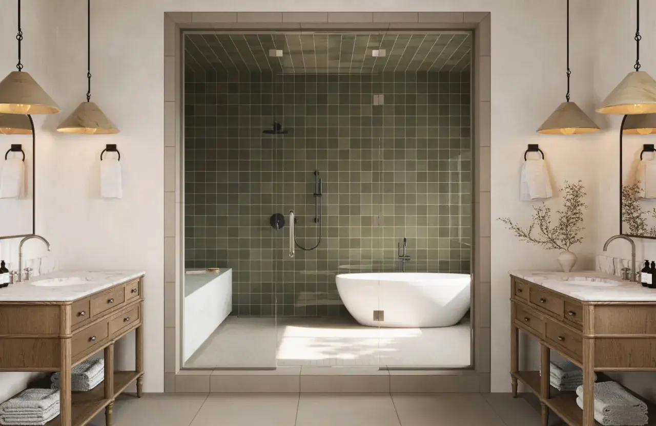 A modern, fully tiled bathroom featuring a freestanding tub and walk-in shower with olive green tiles.
