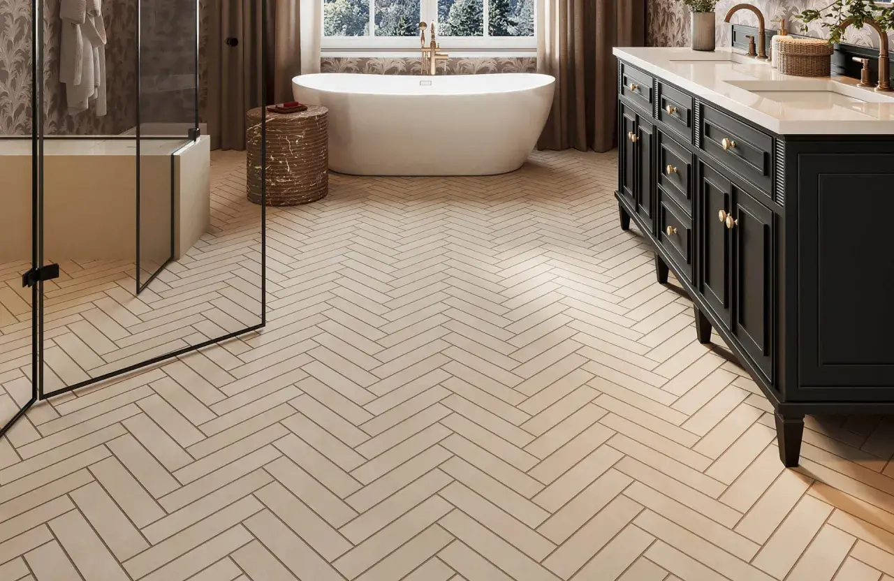 Herringbone floor tiles, likely ceramic or porcelain, create a warm, natural look in this modern bathroom with a freestanding tub and dark vanity.
