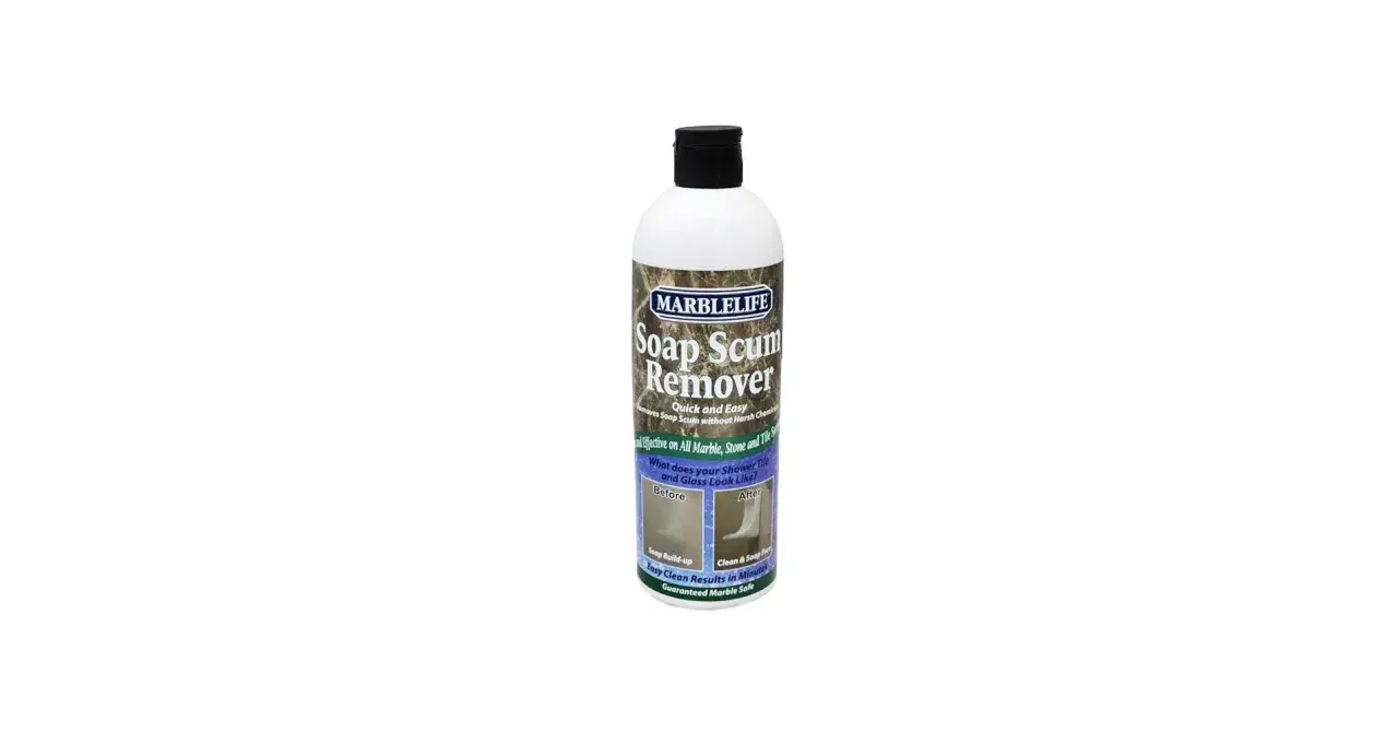 MarbleLife Soap Scum Remover bottle, showing how to remove soap scum from marble for a clean, shiny finish.