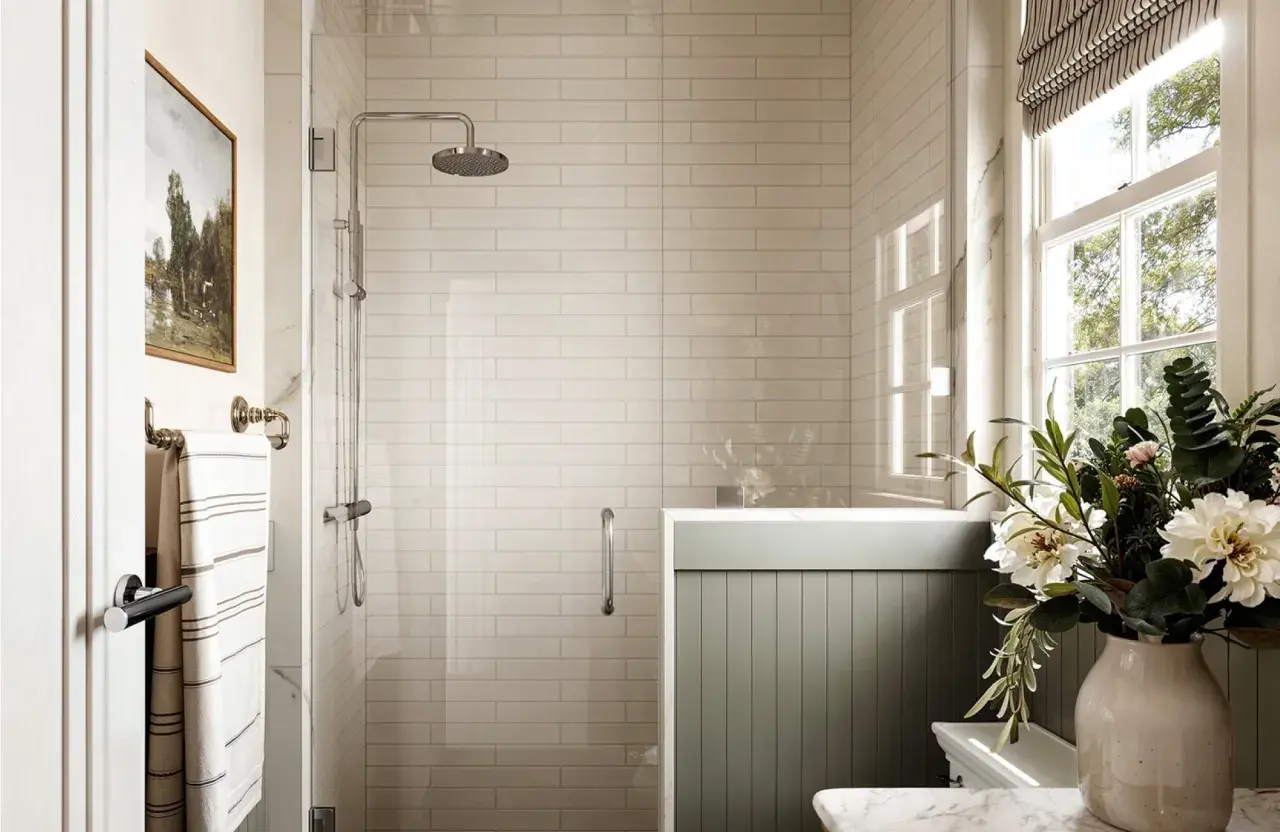 Elegant bathroom with white subway porcelain tile shower ideas, a rainfall showerhead, and a window with natural light.