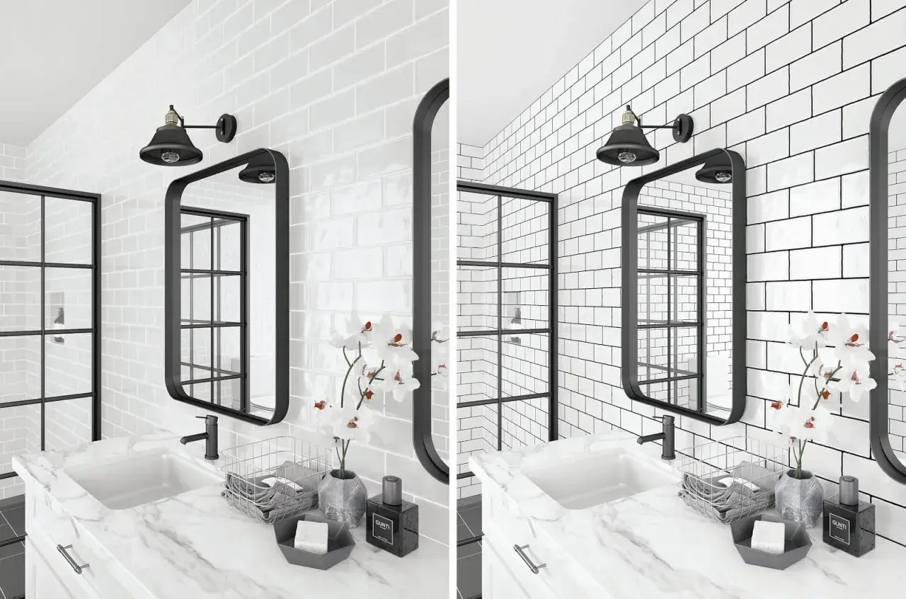 A modern bathroom features white subway tile with dark grout, a black framed mirror, and a black industrial-style light fixture.