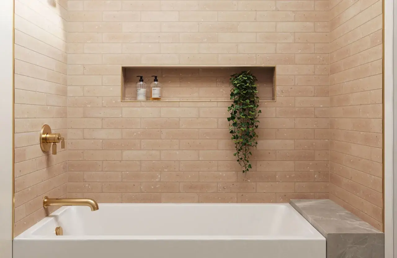 A modern bathroom with a random subway tile pattern in a warm, peachy hue. A gold faucet and shower controls complement the tiles.