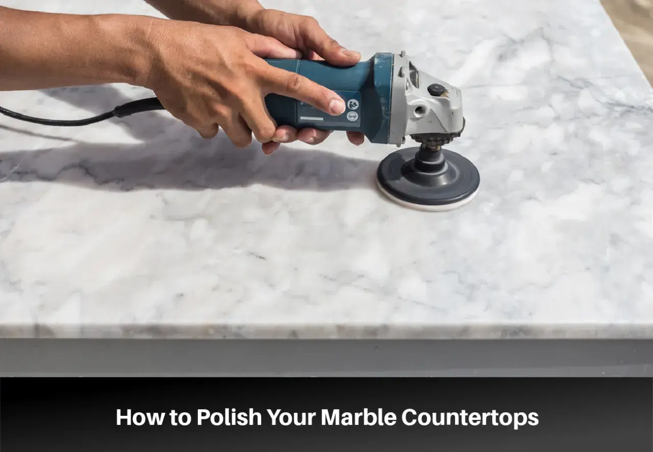 Hands using a polisher to polish a marble countertop, demonstrating how to polish marble tile for a brilliant shine.