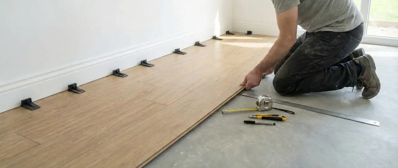 A person kneels, laying a light wood vinyl plank. Spacers are placed along the wall, showing the best way to lay vinyl plank flooring. Tools like a tape measure and ruler are nearby.