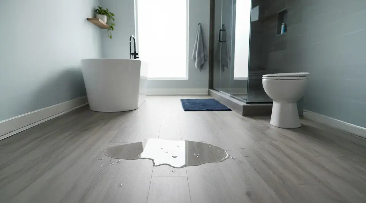 A puddle of water on a modern bathroom floor with LVT flooring. A freestanding tub and toilet are visible.