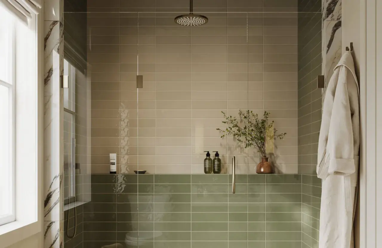 A modern shower with two-toned, low maintenance shower tile in beige and sage green. A glass enclosure, rainfall showerhead, and a plush robe complete the serene space.