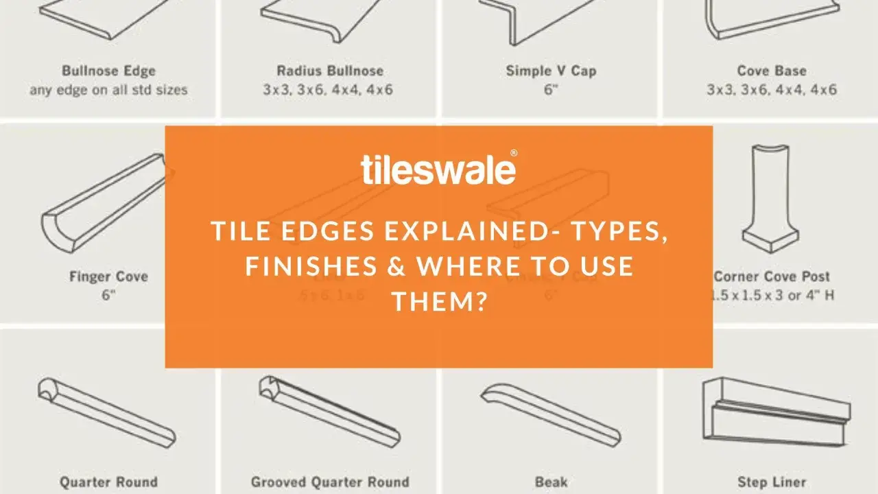 Diagrams illustrating various types of bullnose tile edges, including Radius Bullnose and Bullnose Edge, alongside other tile trim profiles.