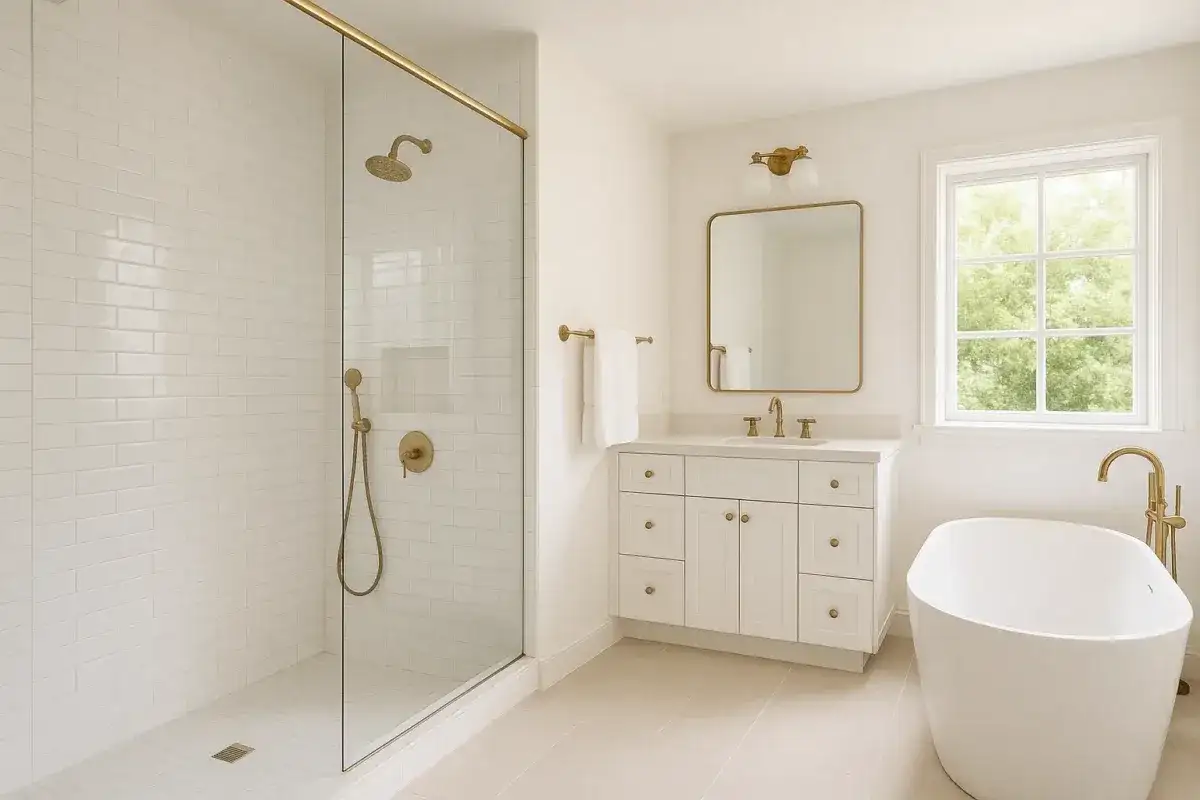 Modern bathroom with white subway tile shower, freestanding tub, and vanity. This tile reglazing project created a bright, spa-like feel.