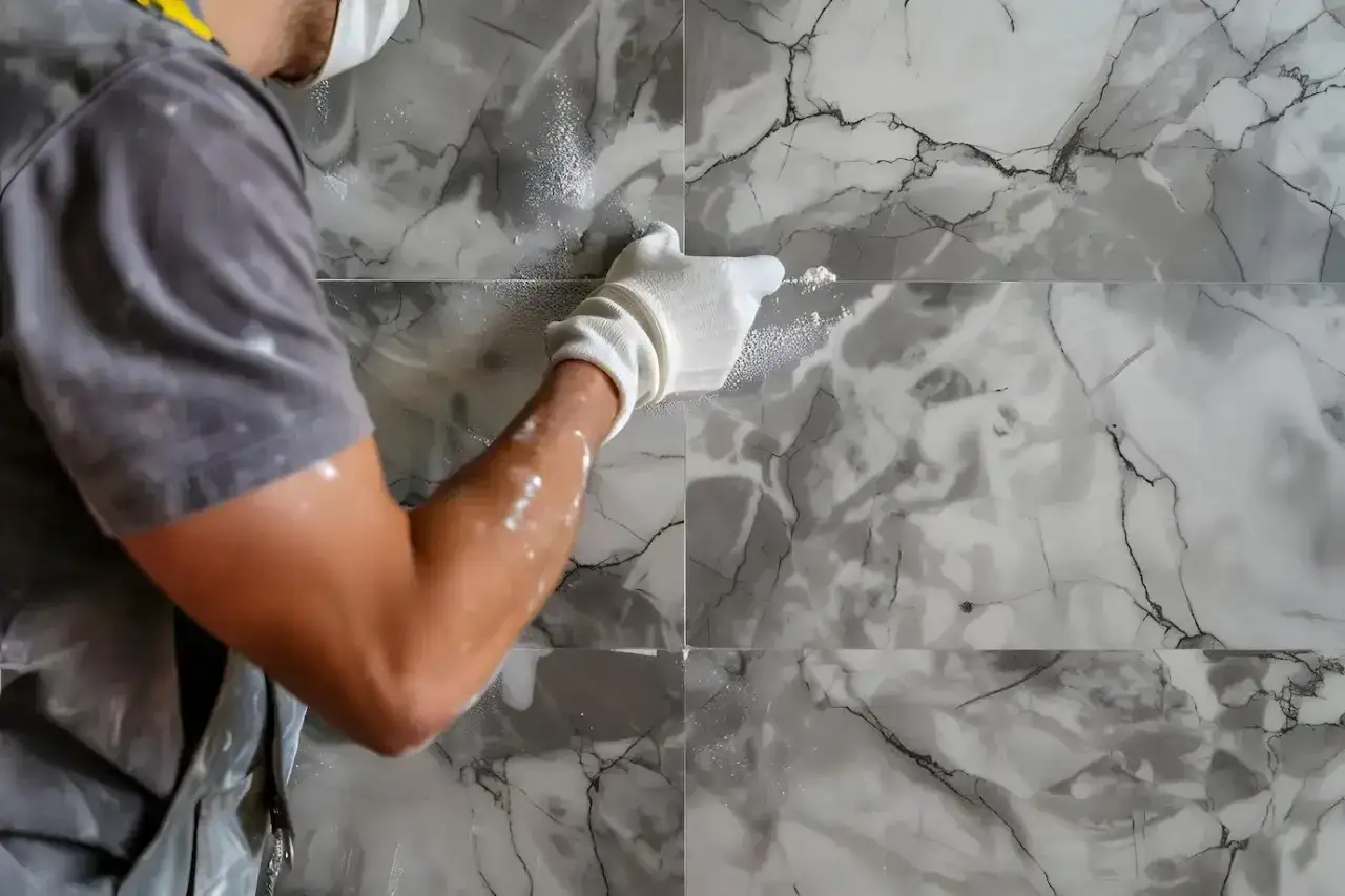A person in gloves applies grout to marble-patterned tiles, showing how to grout over grout for a fresh look.