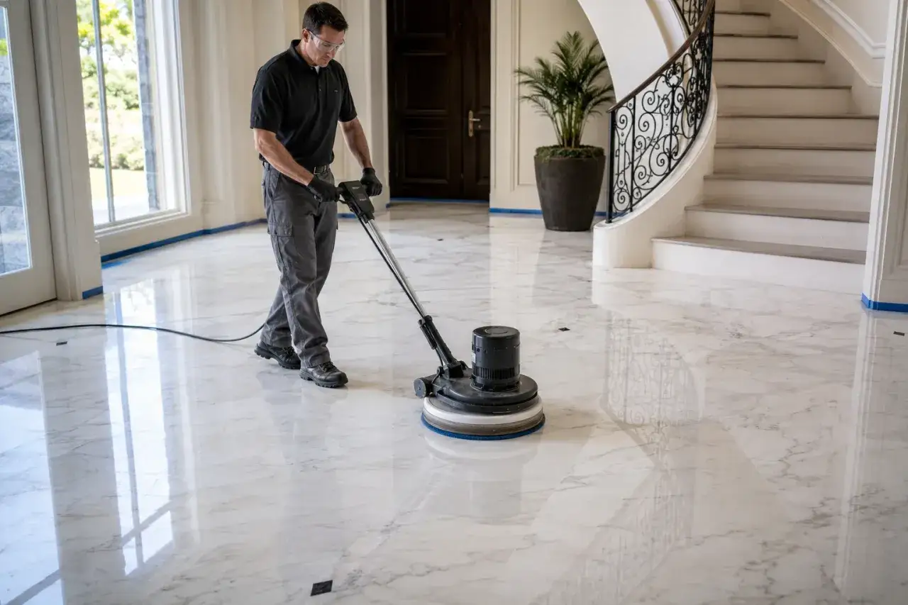 Man polishing a shiny marble floor with a floor buffer in a grand entryway.