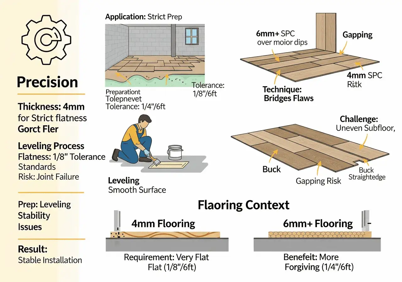 Illustration showing vinyl plank flooring not laying flat, with gaps and buckling due to an uneven subfloor.