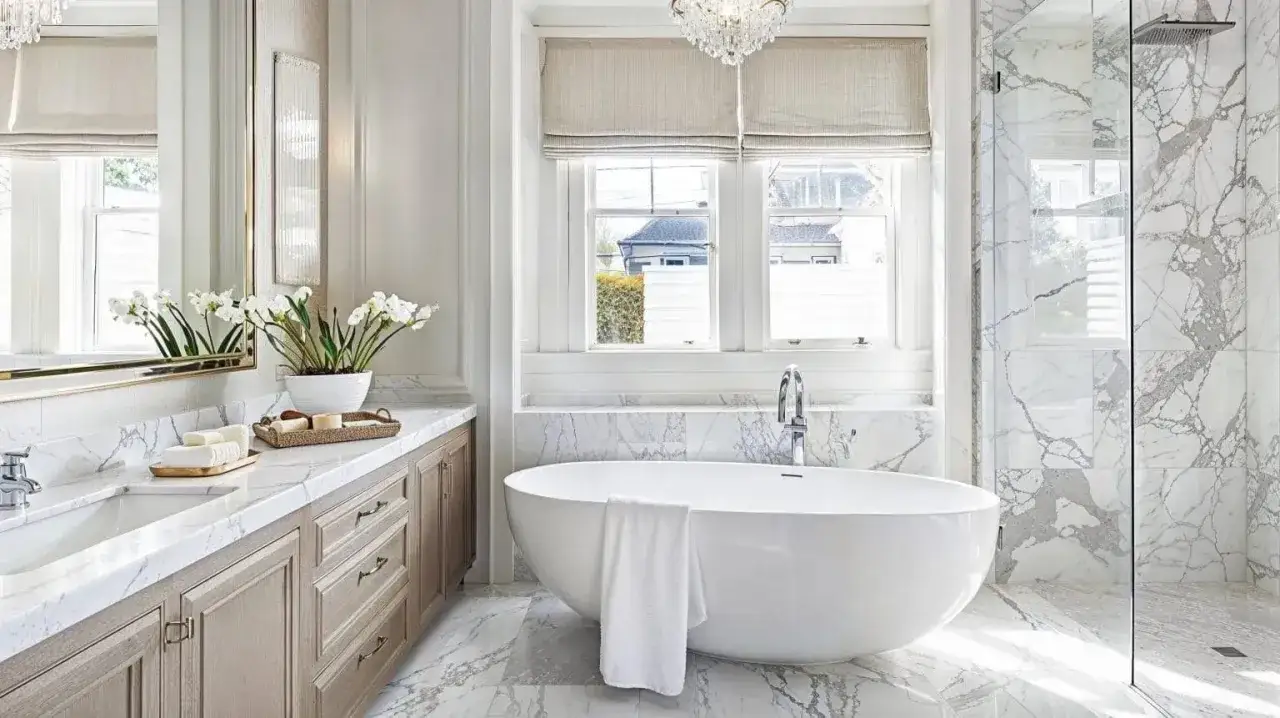 Luxurious bathroom featuring a freestanding tub, vanity, and shower, all adorned with elegant modern bathroom tiles.