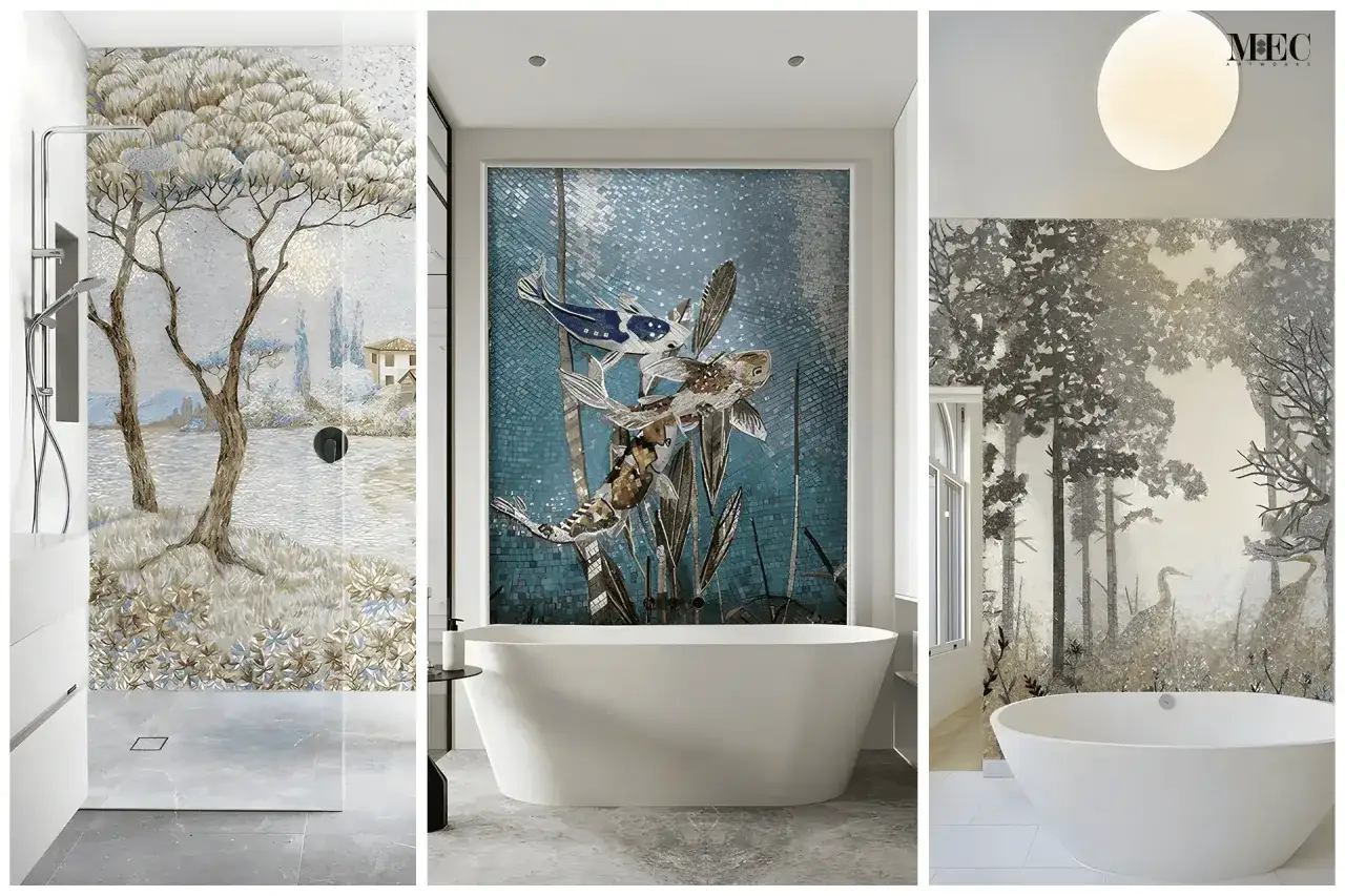 Stunning bathrooms featuring intricate glass mosaic tiles: a winter landscape, koi fish, and a serene forest scene.