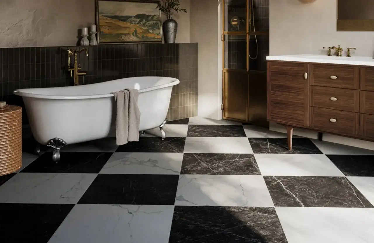 A luxurious bathroom with a clawfoot tub and wooden vanity sits on a striking black and white tile texture floor.