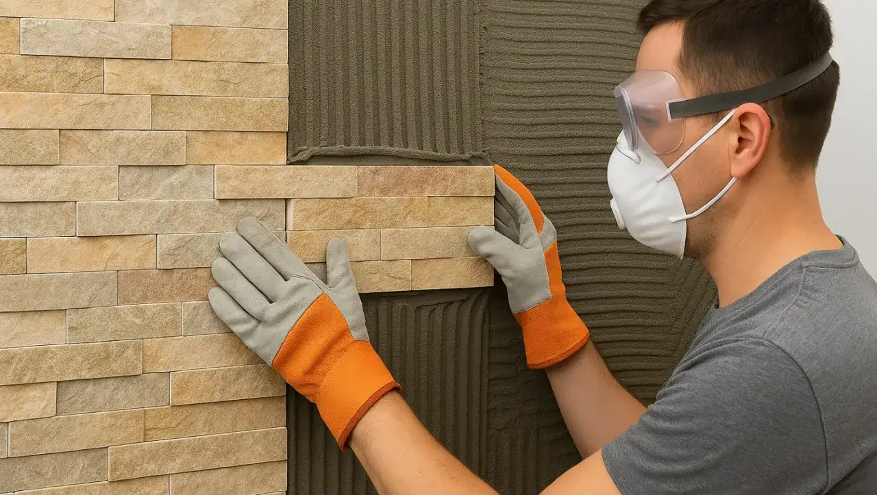 Man wearing mask and goggles carefully places stone tile on wall, demonstrating how to install stone tile on wall.