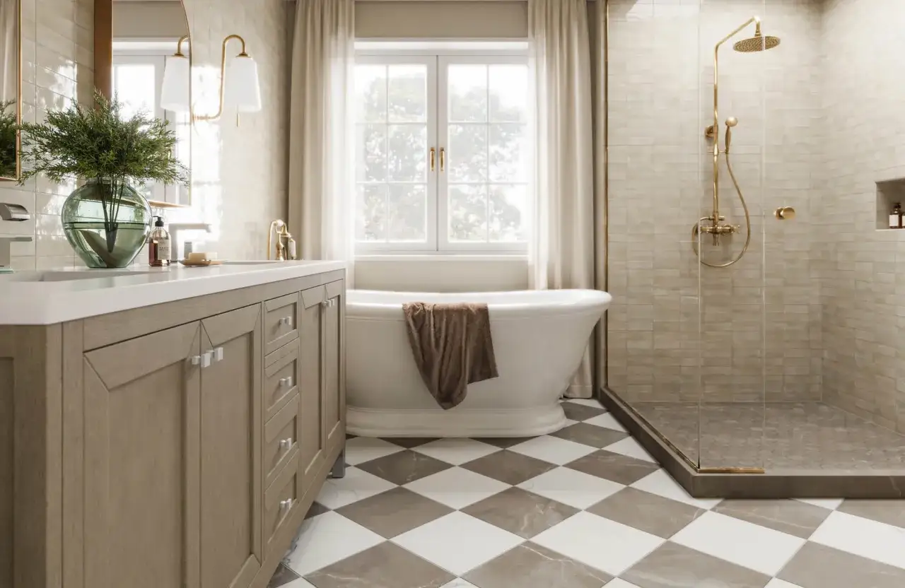 Elegant bathroom with a clawfoot tub, vanity, and a glass-enclosed shower featuring detailed shower floors.