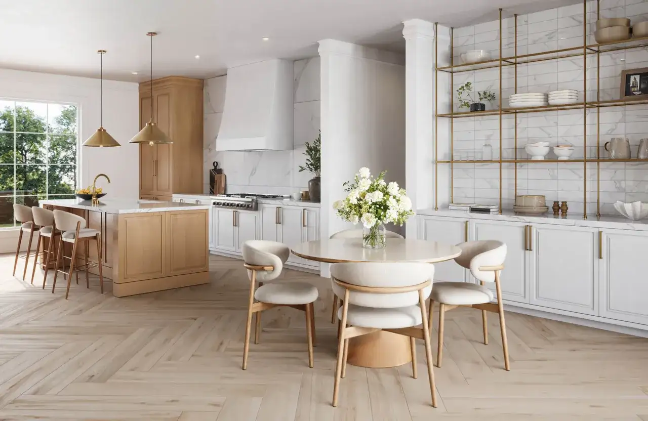 A modern kitchen with light wood floors, white cabinets, and a marble backsplash. The flooring mimics wood grain, showcasing the pros of porcelain wood tile for a durable yet stylish look.
