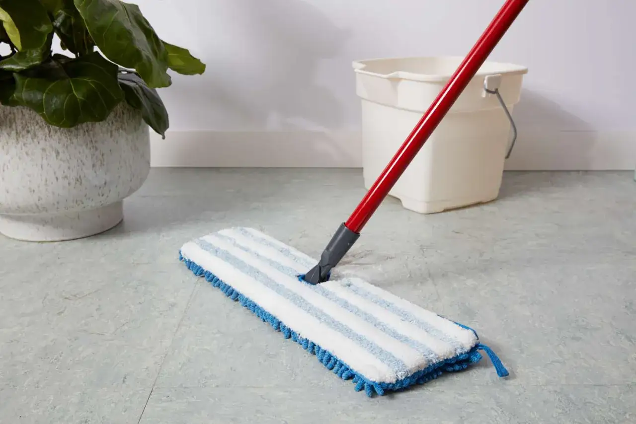 A mop with a red handle is cleaning a light grey linoleum floor. A white bucket and a potted plant are in the background.