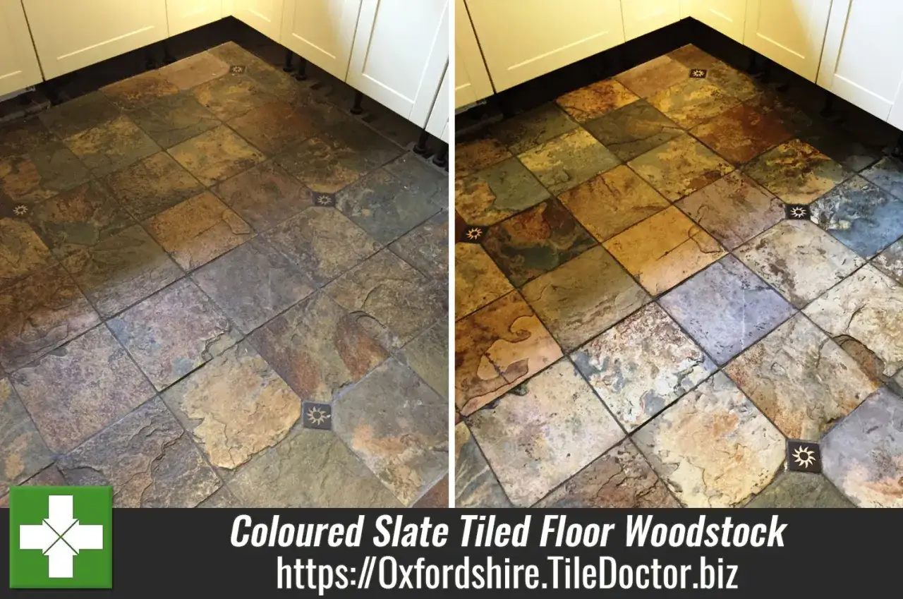 Before and after cleaning slate floors. The left side shows a dull, dirty floor, while the right side reveals vibrant, clean slate tiles.