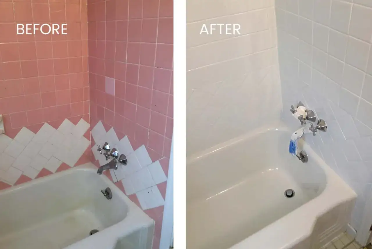 Before and after of a bathroom tub and pink tiles. The tile reglazing transformed the space to bright white tiles and a clean tub.