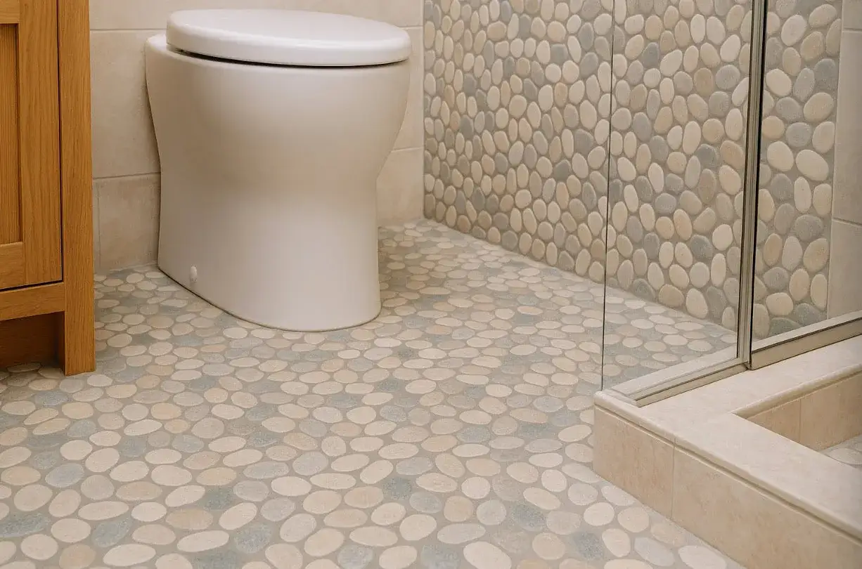 A bathroom with a toilet and a shower stall. The shower floors are tiled with small, smooth, multi-colored pebbles.