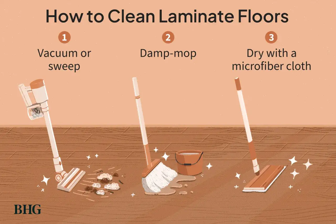 Learn how to clean laminate floors: vacuum, damp-mop, then dry with a microfiber cloth for a sparkling finish.