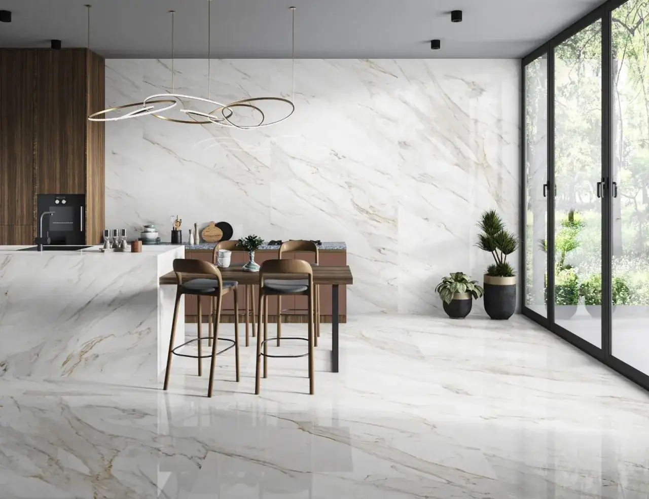 A modern kitchen with a stunning polished porcelain tile floor and wall, featuring a waterfall island, dark wood cabinets, and a dining area.