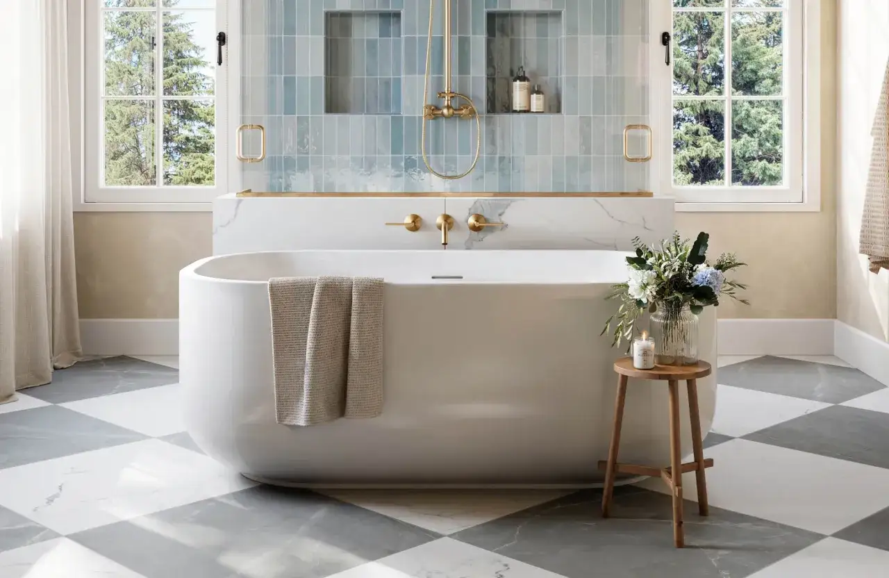 A modern bathroom with a freestanding tub, gold fixtures, and a tiled wall. The large format tile grout size is subtle, complementing the overall clean design.