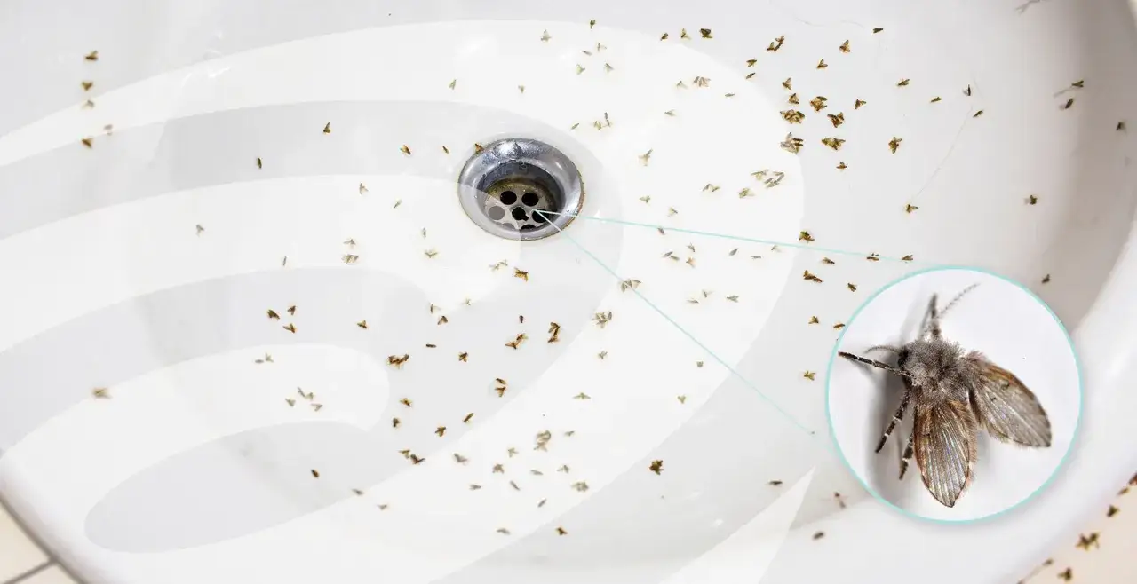 A sink drain is covered in drain flies. Learn how to get rid of drain flies and reclaim your bathroom.