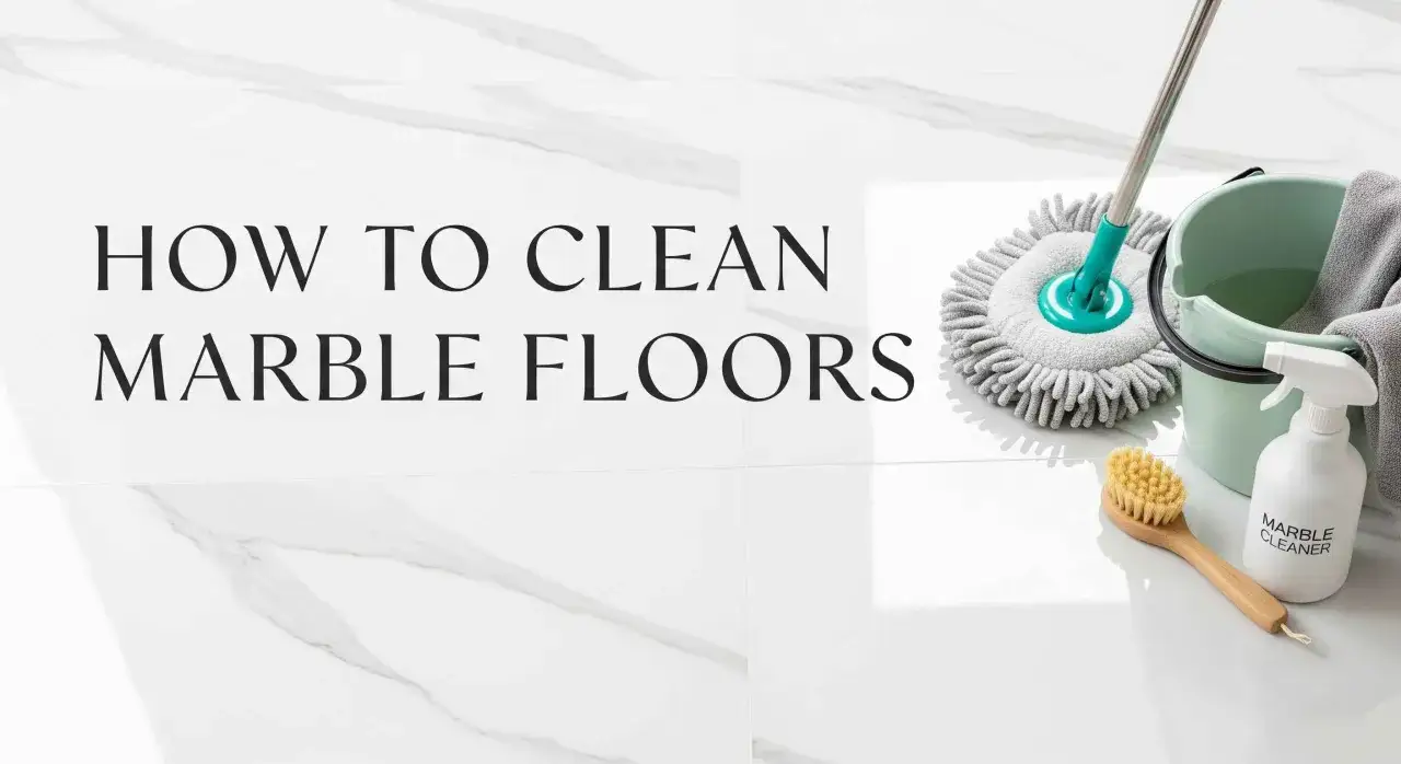 Learn how to clean marble floors with this guide. Supplies include a mop, bucket, spray bottle labeled 