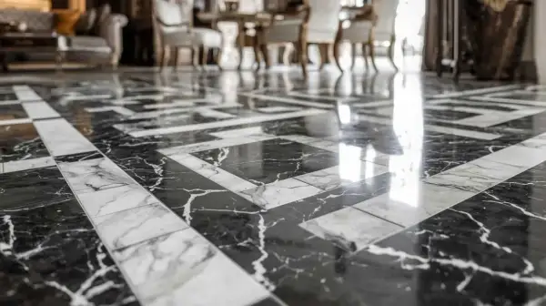 A luxurious marble tile floor with a striking black grout pattern. The polished surface reflects light, highlighting the intricate geometric design.