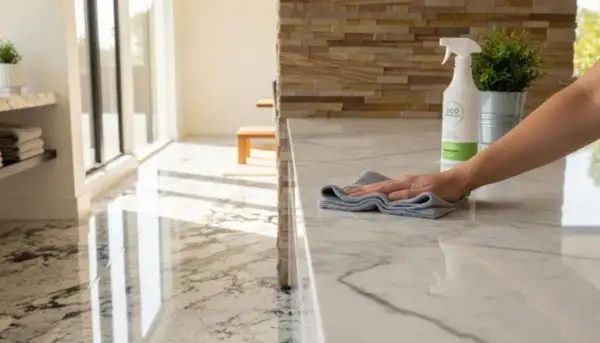 A hand wipes a marble countertop with a cloth, part of natural stone maintenance. A spray bottle and plant sit nearby.