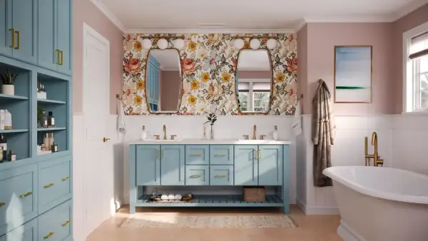 A bright bathroom with a floral wallpaper, a blue double vanity, and a freestanding tub. This blue is a beautiful choice for the best color for bathroom cabinets.