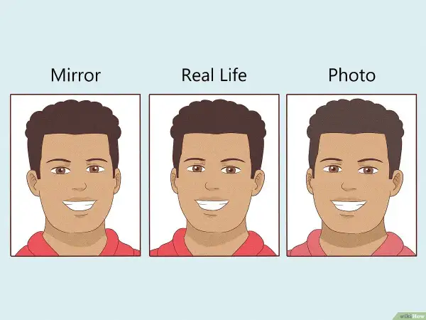 A man's face in a mirror, real life, and photo. Bathroom mirrors don't make you look bigger; photos often do.
