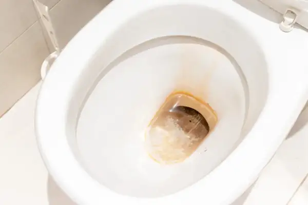 A dirty toilet bowl with stubborn rust-colored toilet stains. This image shows the challenge of how to clean toilet stains effectively.