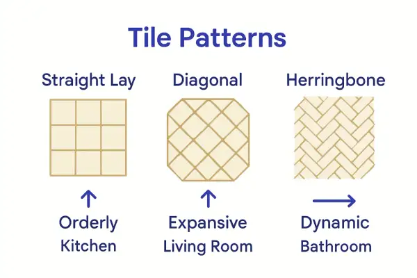 Comparing tile patterns: straight lay for an orderly kitchen, diagonal for an expansive living room, and herringbone for a dynamic bathroom.