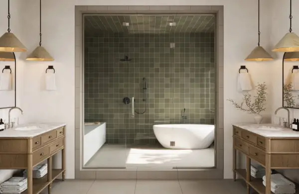 A modern, fully tiled bathroom featuring a freestanding tub and walk-in shower with olive green tiles.