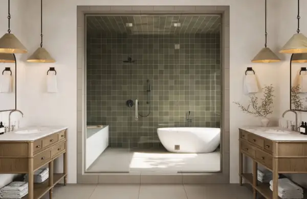 A modern bathroom with dual vanities and a glass-enclosed shower featuring olive green tiles, showcasing a bathtub and shower. This design highlights the most durable tile for a long-lasting, stylish space.