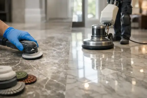 A gloved hand uses a small polisher on marble tile, while a large floor buffer shines the rest of the floor.