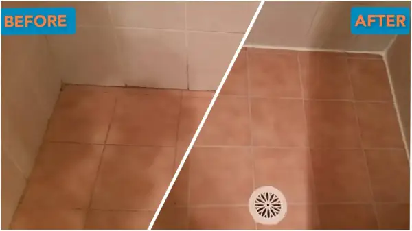 Before and after of a DIY shower tile cleaning. The grout is visibly cleaner and brighter in the after shot.