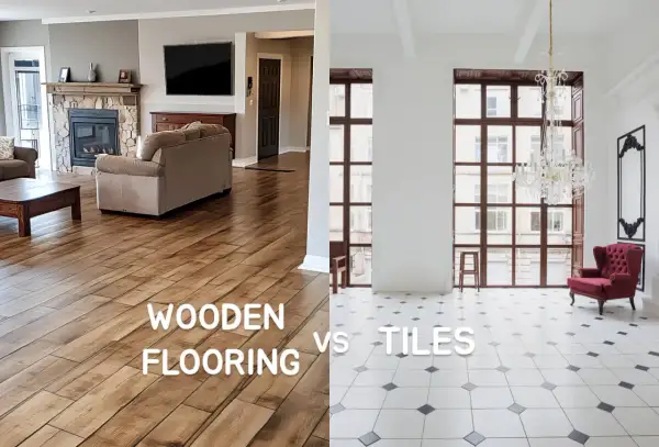 Split image comparing a cozy living room with wooden flooring to a bright, airy room with tile flooring. Is tile cheaper than hardwood?