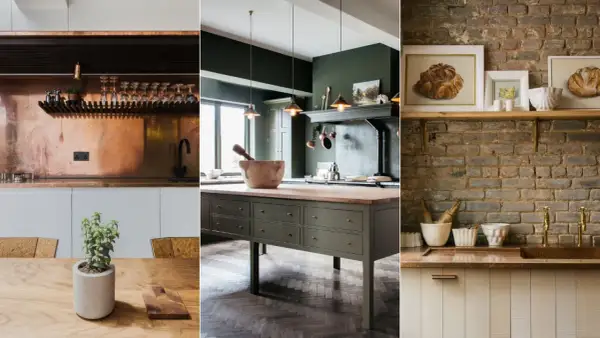 Kitchens showcasing a copper backsplash, a dark green island, and a rustic brick wall. The contrast between backsplash vs no backsplash is evident.