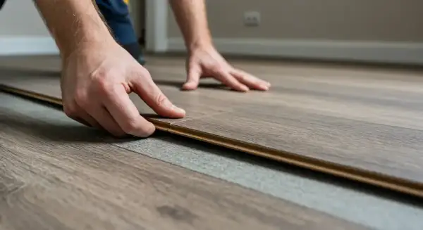 Hands guide a plank of wood-look flooring into place, showing how to cut linoleum flooring for a seamless installation.